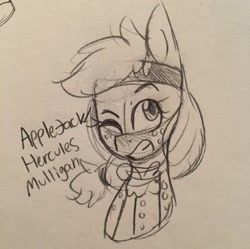 Size: 1280x1274 | Tagged: safe, artist:universe-fairy, applejack, earth pony, pony, crossover, grin, hamilton, hercules mulligan, one eye closed, parody, smiling, solo, traditional art, wink