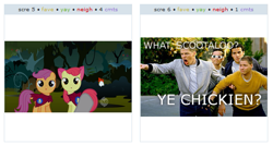 Size: 537x288 | Tagged: safe, screencap, apple bloom, scootaloo, chicken, human, chickien, derpibooru, exploitable meme, juxtaposition, juxtaposition win, meta, scootachicken