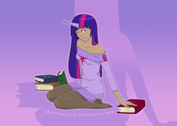 Size: 2100x1500 | Tagged: safe, artist:pettankoprincess, derpibooru import, twilight sparkle, human, book, clothes, dark skin, horned humanization, humanized, kneeling, looking at you, smiling, solo, stockings, sweater