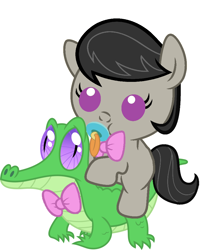 Size: 836x1017 | Tagged: safe, artist:red4567, gummy, octavia melody, earth pony, pony, baby, baby pony, bowtie, cute, ponies riding gators, recolor, riding, simple background, tavibetes, weapons-grade cute