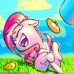 Size: 3000x3000 | Tagged: safe, artist:itsalwayspony, pinkie pie, earth pony, pony, cloud, eyes closed, female, grass, laughing, mare, open mouth, party cannon, sky, smiling, solo, water balloon, wet, wet mane