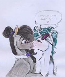 Size: 1024x1227 | Tagged: safe, artist:sagastuff94, dj pon-3, octavia melody, vinyl scratch, classical unicorn, earth pony, pony, alternate hairstyle, beauty mark, blushing, female, kissing, leonine tail, lesbian, scratchtavia, shipping, watermark