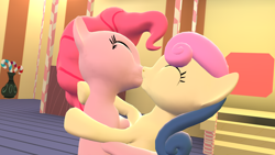 Size: 1920x1080 | Tagged: safe, artist:viranimation, bon bon, pinkie pie, sweetie drops, earth pony, pony, 3d, bonpie, female, kissing, lesbian, shipping