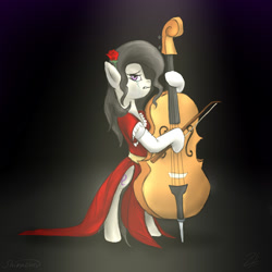 Size: 1000x1000 | Tagged: safe, artist:shimazun, octavia melody, earth pony, pony, bipedal, cello, crying, flower, flower in hair, musical instrument, red dress, rose, solo, spotlight