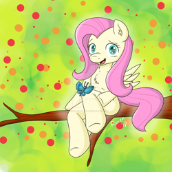 Size: 1024x1025 | Tagged: safe, artist:roxenmaratoun, fluttershy, butterfly, pegasus, pony, anatomically incorrect, incorrect leg anatomy, solo, tree branch, watermark