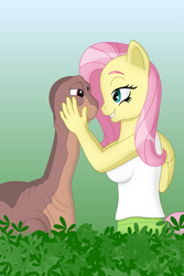 Size: 3495x5243 | Tagged: safe, artist:sergeant16bit, fluttershy, anthro, dinosaur, apatosaurus, crossover, cuddling, don bluth, female, foliage, gradient background, leaves, littlefoot, male, the land before time