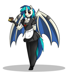 Size: 1280x1376 | Tagged: safe, artist:blah-blah-turner, dj pon-3, vinyl scratch, alicorn, anthro, alicornified, bat wings, clothes, commission, maid, race swap, solo, tea, vinylbat, vinylcorn