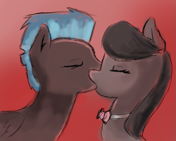 Size: 621x500 | Tagged: artist needed, safe, octavia melody, thunderlane, earth pony, pegasus, pony, bowtie, crack shipping, female, kissing, male, mare, shipping, stallion, thundertavia