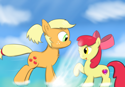 Size: 4300x3000 | Tagged: safe, artist:ghost3641, apple bloom, applejack, earth pony, pony, alternate hairstyle, apple bloom's bow, bow, chest fluff, ear fluff, hair bow, missing accessory, splashing