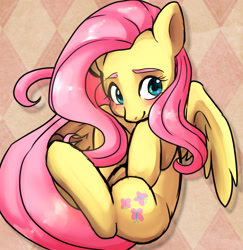 Size: 3983x4093 | Tagged: safe, alternate version, artist:hosikawa, fluttershy, pegasus, pony, blushing, cute, eyebrows, hooves to the chest, looking away, shy, shyabetes, simple background, solo, spread wings, white background, wings