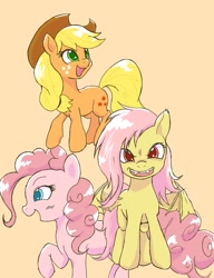 Size: 787x1024 | Tagged: safe, artist:limply_swamp, applejack, fluttershy, pinkie pie, bat pony, pony, flutterbat, race swap, simple background, trio