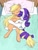 Size: 773x1024 | Tagged: safe, artist:limply_swamp, applejack, rarity, earth pony, pony, unicorn, bed, cuddling, cute, female, lesbian, pillow, raribetes, rarijack, shipping, sleeping