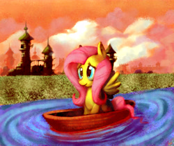 Size: 7600x6400 | Tagged: safe, artist:docwario, fluttershy, pegasus, pony, absurd resolution, boat, cloud, cute, female, mare, shyabetes, sitting, smiling, solo, spread wings, water, wings