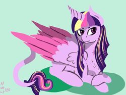 Size: 800x600 | Tagged: safe, artist:nevermindtae, derpibooru import, twilight sparkle, twilight sparkle (alicorn), alicorn, classical unicorn, pony, colored wings, colored wingtips, female, future, green background, leonine tail, mare, older, prone, simple background, sitting, solo