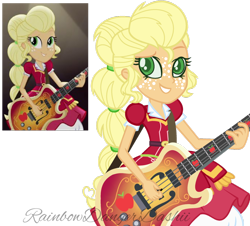 Size: 1024x926 | Tagged: safe, artist:bezziie, applejack, equestria girls, base used, clothes, colored pupils, dress, guitar, simple background, solo, transparent background