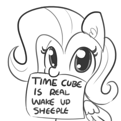 Size: 1650x1650 | Tagged: safe, artist:tjpones, fluttershy, pegasus, pony, conspiracy theory, cute, ear fluff, female, flutterdumb, fluttershy's note meme, funny, funny as hell, lineart, looking at you, mare, meme, monochrome, mouth hold, nom, shyabetes, sign, simple background, sitting, sketch, smiling, solo, timecube, wake up sheeple, white background