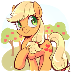 Size: 500x510 | Tagged: safe, artist:milkayart, applejack, earth pony, pony, apple tree, cute, female, hatless, heart eyes, jackabetes, looking away, mare, missing accessory, solo, tree, wingding eyes