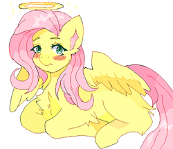 Size: 540x464 | Tagged: safe, artist:furfetti, fluttershy, pegasus, pony, blushing, cute, female, fluffy, halo, mare, missing cutie mark, pixel art, prone, shyabetes, simple background, smiling, solo, sparkles, transparent background