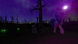 Size: 1366x768 | Tagged: safe, artist:johnsilents, dj pon-3, octavia melody, vinyl scratch, earth pony, pony, timber wolf, 3d, everfree forest, night, scared