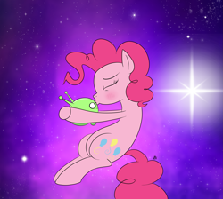 Size: 3345x3000 | Tagged: safe, artist:feralroku, pinkie pie, earth pony, pony, blushing, crossover, cute, eyes closed, final space, hug, kissing, mooncake (final space), shipping, smiling