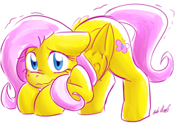 Size: 3801x2697 | Tagged: safe, artist:alomaire-whoruinedeverything, fluttershy, pegasus, pony, face down ass up, female, floppy ears, folded wings, looking at you, mare, nervous, shaking, simple background, solo, three quarter view, wavy mouth, white background, wings