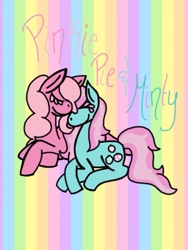 Size: 768x1024 | Tagged: safe, artist:jj-is-my-name98, minty, pinkie pie, earth pony, pony, g3, abstract background, crossed hooves, eyes closed, female, lesbian, lying down, mare, mintypie, shipping