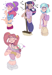 Size: 3248x4700 | Tagged: safe, artist:mili-kat, derpibooru import, coco pommel, pacific glow, plaid stripes, twilight sparkle, human, the saddle row review, belly button, blushing, braces, breasts, broom, clothes, dancing, flower, humanized, midriff, necktie, open mouth, pacifier, pants, pigtails, shirt, smiling, spoon, sweatband, sweeping, sweepsweepsweep, tanktop, twilight sweeple