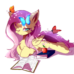 Size: 1500x1500 | Tagged: safe, artist:heddopen, fluttershy, butterfly, pegasus, pony, apple, book, chest fluff, cute, ear fluff, food, lying, one eye closed, shyabetes, simple background, white background, wings