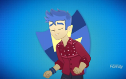 Size: 1150x720 | Tagged: safe, screencap, flash sentry, better together, cheer you on, equestria girls, blue background, clothes, cute, diasentres, discovery family logo, eyes closed, male, simple background, singing, smiling, solo