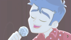 Size: 1280x720 | Tagged: safe, screencap, flash sentry, better together, cheer you on, equestria girls, clothes, cute, diasentres, eyes closed, male, microphone, singing, solo, spotlight