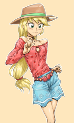Size: 663x1100 | Tagged: safe, artist:invisibleone11, edit, applejack, equestria girls, legend of everfree, alternate costumes, boob window, breasts, camp fashion show outfit, clothes, cute, delicious flat chest, female, jackabetes, off shoulder, simple background, solo, yellow background