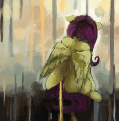 Size: 1953x1992 | Tagged: safe, artist:misstwipietwins, fluttershy, pegasus, pony, back, female, floppy ears, mare, rear, rear view, reflection, sad, sitting, solo, surreal, wings