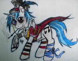 Size: 1005x796 | Tagged: safe, artist:haterthepony, dj pon-3, vinyl scratch, pony, unicorn, cigarette, cigarette holder, clothes, dress, earring, hat, monocle, piercing, smoking, solo, steampunk