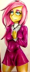 Size: 1325x3127 | Tagged: safe, artist:nolyanimeid, fluttershy, human, fake it 'til you make it, clothes, female, fluttergoth, goth, humanized, loose hair, pony coloring, solo, traditional art