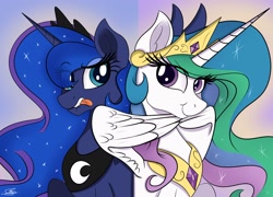 Size: 1920x1383 | Tagged: safe, artist:sadtrooper, princess celestia, princess luna, alicorn, pony, cute, duo, female, looking at you, mare, royal sisters, sillestia, silluna, silly, silly celestia, silly luna, tongue out, wing hands, wings