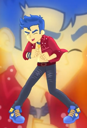 Size: 412x605 | Tagged: safe, screencap, flash sentry, better together, cheer you on, equestria girls, blue sneakers, clothes, converse, cropped, eyes closed, male, pants, partial nudity, shoes, singing, smiling, sneakers, solo, stupid sexy flash sentry, topless