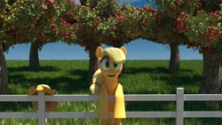 Size: 1920x1080 | Tagged: safe, artist:jonlo84, applejack, earth pony, pony, 3d, apple tree, fence, solo, sweet apple acres, tree