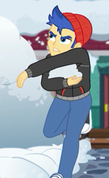 Size: 327x531 | Tagged: safe, screencap, flash sentry, better together, equestria girls, holidays unwrapped, clothes, converse, cropped, hat, hoodie, male, pants, shoes, sneakers, snow, snowball, solo, winter outfit