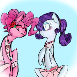Size: 3000x3000 | Tagged: safe, artist:pyupew, pinkie pie, rarity, earth pony, pony, unicorn, blushing, clothes, eyes closed, female, flower, flower in mouth, lesbian, mare, mouth hold, raripie, shipping, smiling
