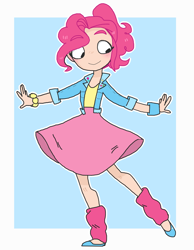 Size: 1024x1322 | Tagged: safe, artist:nicolas-px, pinkie pie, human, clothes, cute, denim, humanized, jacket, leg warmers, looking at self, looking down, shoes, skirt, smiling, solo