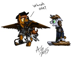 Size: 640x511 | Tagged: artist needed, source needed, safe, oc, oc only, oc:calamity, oc:littlepip, pegasus, pony, unicorn, fallout equestria, clothes, comic, fanfic, fanfic art, female, floppy ears, fluttershy medical saddlebag, gasp, gun, handgun, hooves, horn, loot, mare, medical saddlebag, more dakka, mouth hold, open mouth, pipbuck, revolver, saddle bag, signature, simple background, sitting, spread wings, talking with your mouth full, vault suit, weapon, white background, wings