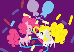 Size: 854x598 | Tagged: safe, artist:missxana, pinkie pie, surprise, earth pony, pegasus, pony, chibi, cutie mark background, duo, female, lineless, mare, pointy ponies