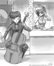 Size: 800x970 | Tagged: safe, artist:johnjoseco, dj pon-3, octavia melody, vinyl scratch, human, cello, clothes, eyes closed, female, grayscale, humanized, monochrome, musical instrument, smiling, turntable