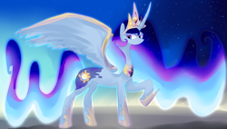 Size: 3500x2000 | Tagged: safe, artist:moskowizki, princess celestia, princess luna, alicorn, pony, female, fusion, jewelry, mare, raised hoof, regalia, royal sisters, siblings, sisters, smiling, solo