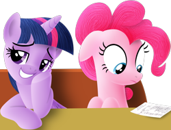 Size: 1503x1143 | Tagged: safe, artist:silberhase, derpibooru import, pinkie pie, twilight sparkle, twilight sparkle (alicorn), alicorn, earth pony, pony, the saddle row review, bill, female, mare, scene interpretation, smug, smuglight sparkle