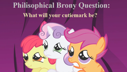 Size: 800x450 | Tagged: safe, apple bloom, scootaloo, sweetie belle, cutie mark crusaders, meta, text