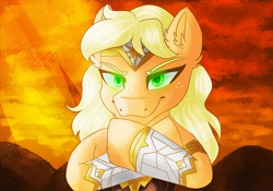 Size: 4000x2800 | Tagged: safe, artist:meownimator, applejack, earth pony, pony, crossover, dc comics, female, glowing eyes, green eyes, hatless, mare, missing accessory, smiling, smirk, wonder woman, wonderjack