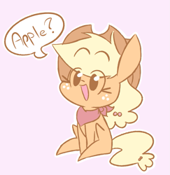 Size: 837x862 | Tagged: safe, artist:typhwosion, applejack, earth pony, pony, apple, bunny sitting, clothes, cute, dialogue, female, happlejack, happy, jackabetes, mare, open mouth, pink background, scarf, simple background, sitting, smiling, solo, that pony sure does love apples, weapons-grade cute