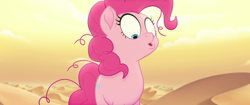 Size: 1920x804 | Tagged: safe, screencap, pinkie pie, earth pony, pony, my little pony: the movie, bone dry desert, desert, messy mane, solo