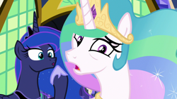 Size: 1280x720 | Tagged: safe, screencap, princess celestia, princess luna, alicorn, pony, between dark and dawn, crown, duo, ethereal mane, female, jewelry, mare, regalia, royal sisters